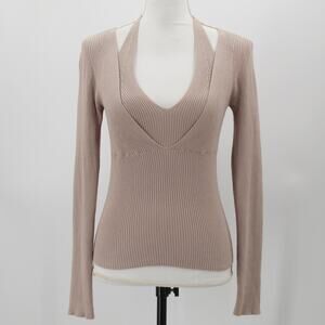 Heartloom Halter Tie Neck Rib Knit Sweater Tan Long Sleeves Neutral Size Small